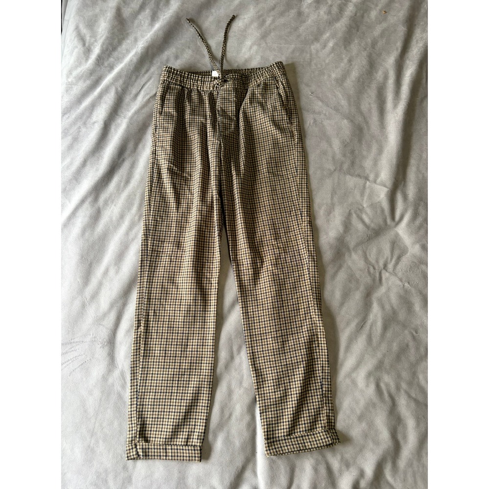 HM Mens Slim Fit Checkered Trousers Tan Navy Blue Drawstring Pants XS